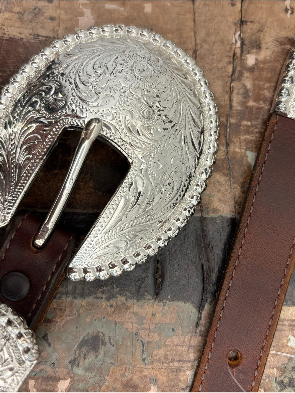 Tony Lama Brown Leather Belt with Silver Engraved Conchos - Picture 4 of 7